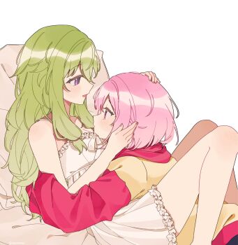 2girls between_legs blush commentary cuddling dress green_hair hand_on_another&#039;s_face hand_on_another&#039;s_head highres hood hoodie hug kusanagi_nene long_hair multiple_girls ootori_emu open_mouth pink_eyes pink_hair project_sekai purple_eyes red_hoodie short_hair smile symbol-only_commentary tears the_coconutnut two-tone_hoodie white_dress yellow_hoodie yuri