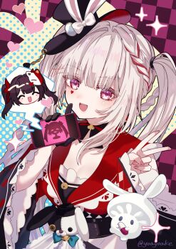 1girl animal_ears artist_name bow braid breasts brown_hair butterfly-shaped_pupils choker cleavage commentary_request diamond_(shape) diamond_facial_mark dress facial_mark fox_mask gloves hat heart heart_facial_mark highres holding holding_phone honkai:_star_rail honkai_(series) mask monocle mushroom phone pink_eyes rabbit_ears red_streaks side_braid single_glove smile sparkle_(honkai:_star_rail) sparxie_(honkai:_star_rail) symbol-shaped_pupils teeth twintails upper_teeth_only v white_hair yoake_(yoakey)