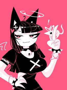Rule 34 | 1girl, andaerz, animal, animal ears, bell, black hair, black shirt, bracelet, breasts, cat ears, cat girl, cat girl (andaerz), collar, fishnets, halo, hand on own hip, heart, highres, holding, holding animal, jewelry, large breasts, large ears, long hair, mouse (animal), narrow waist, neck bell, original, red background, red eyes, shirt, spiked bracelet, spikes, t-shirt, wings