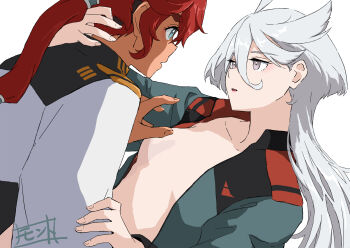 2girls blue_eyes breasts commentary_request green_jacket grey_eyes gundam gundam_suisei_no_majo hand_on_another&#039;s_arm hand_on_another&#039;s_neck highres jacket long_hair miorine_rembran monto_(user_dmde2437) multiple_girls open_clothes open_jacket parted_lips red_hair small_breasts suletta_mercury thick_eyebrows white_hair white_jacket yuri