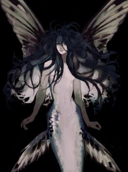 1girl absurdres black_hair brown_eyes colored_extremities colored_inner_hair commentary english_commentary floating glowing glowing_hair highres long_hair looking_at_viewer mermaid monster_girl multicolored_hair nipples nude original parted_lips partially_shaded_face solo twulfs wings