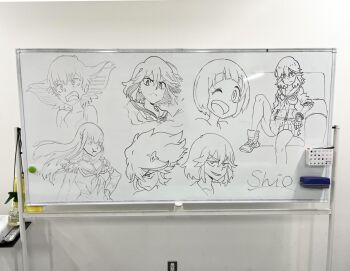 greyscale hair_ornament hairclip kill_la_kill kiryuuin_satsuki long_hair mankanshoku_mako matoi_ryuuko monochrome multiple_girls one_eye_closed open_mouth school_uniform senketsu serafuku shio_(zsp1jqohfr12495) short_hair smile traditional_media