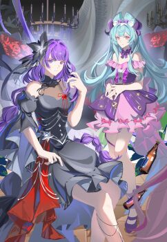 1other 3girls absurdres alternate_costume alternate_universe black_dress black_flower blue_hair blue_pupils blunt_bangs bottle buchuhutaobugaiming chinese_commentary closed_mouth couple detached_collar detached_sleeves dress floating flower friends frilled_dress frills genshin_impact hair_between_eyes hair_flower hair_ornament hand_up highres hoyofair indoors light_smile looking_at_viewer looking_to_the_side mole mole_under_eye multicolored_hair multiple_girls off_shoulder own_hands_together puffy_short_sleeves puffy_sleeves purple_dress purple_eyes purple_hair raiden_shogun red_flower red_rose rose shade short_sleeves sitting sleeveless sleeveless_dress streaked_hair tail two-tone_dress wide_sleeves yumemizuki_mizuki yuri