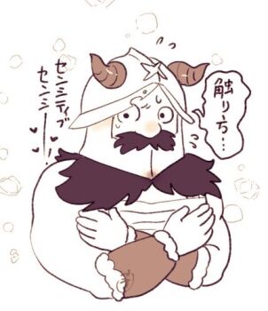 1boy beard brown_theme chest_sarashi covering_chest covering_privates cropped_torso demodori_yaesu dungeon_meshi dwarf facial_hair fake_horns helmet horned_helmet horns long_beard looking_at_viewer lowres male_focus monochrome mustache sarashi senshi_(dungeon_meshi) solo sweatdrop thick_mustache translation_request very_long_beard