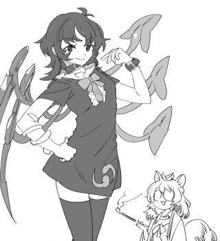 2girls animal_ears asymmetrical_wings belt_collar bow bowtie closed_mouth collar commentary_request dress futatsuiwa_mamizou glasses greyscale hand_on_own_hip highres holding holding_smoking_pipe houjuu_nue kiseru leaf leaf_on_head looking_at_viewer mero_(starfish_jcs) monochrome multiple_girls open_mouth raccoon_ears raccoon_girl raccoon_tail short_dress short_sleeves smile smoke smoking_pipe tail thighhighs touhou wings