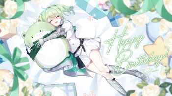 1girl armored_boots belt black_belt boots box buttons cape character_doll chico_(yuzuha_riko) closed_eyes commentary_request commission dabi_(15dldl15) doll double-breasted english_text flower frilled_skirt frills gauntlets gem gift gift_box gloves green_cape green_gem green_hair happy_birthday highres holding holding_stuffed_toy jacket korean_commentary lying on_back open_mouth pleated_skirt single_gauntlet single_glove skirt solo star_cushion stellive streamers stuffed_animal stuffed_toy twintails virtual_youtuber white_flower white_gloves white_jacket white_skirt yuzuha_riko