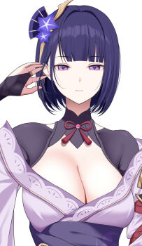 1girl alternate_hair_length alternate_hairstyle blunt_bangs breasts bridal_gauntlets cleavage closed_mouth clothing_cutout commentary_request fan_hair_ornament flower_ornament genshin_impact hair_ornament hand_up highres huge_breasts japanese_clothes kikata_(hata_nanokana) kimono looking_at_viewer mitsudomoe_(shape) mole mole_under_eye neck_ribbon off_shoulder pink_lips purple_eyes purple_hair purple_kimono purple_sash raiden_shogun red_ribbon ribbon sash short_hair shoulder_cutout simple_background solo straight_hair tomoe_(symbol) upper_body white_background