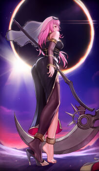1girl absurdres anklet ass bare_shoulders barefoot black_dress black_nails blue_sky blunt_bangs breasts commentary detached_sleeves dress eclipse english_commentary feet from_behind full_body gold_trim gradient_sky heel_pop high_heels highres holding holding_scythe hololive hololive_english jewelry large_breasts legs long_hair looking_at_viewer looking_back mori_calliope mori_calliope_(1st_costume) nail_polish pink_eyes pink_hair puppnett purple_sky purple_thighhighs scythe see-through_clothes see-through_sleeves side_slit single_thighhigh sky soles solo stiletto_heels thighhighs tiptoes toenail_polish toenails toes veil virtual_youtuber
