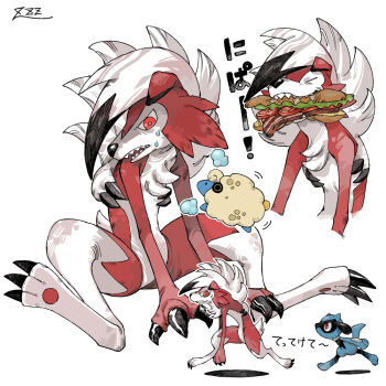 bread claws eating food gen_2_pokemon gen_4_pokemon gen_7_pokemon lettuce looking_down lycanroc lycanroc_(midnight) mareep multiple_views nintendo open_mouth oyasuminjyutsu pokemon red_eyes red_pupils riolu sandwich sharp_teeth signature sitting sweat teeth tomato tomato_slice white_background