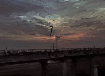 1other bridge cloud cloudy_sky commentary floating original other_focus power_lines revol4357 river simple_bird sky solo sunrise surreal utility_pole