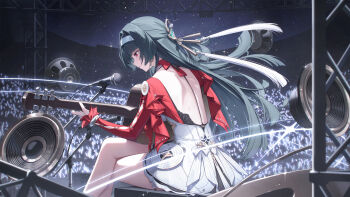 1girl absurdres astra_yao audience backless_outfit black_hair concert crossed_legs dress floating_hair from_behind glowstick guitar hair_ornament hairband highres instrument long_sleeves looking_down microphone microphone_stand music night outdoors playing_guitar playing_instrument red_eyes sitting sky solo_focus speaker thighs white_hairband whitem_(whiteemperor2020) wire zenless_zone_zero