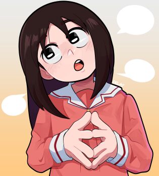 Rule 34 | 1girl, absurdres, artist name, averting eyes, azumanga daioh's school uniform, azumanga daiou, black eyes, blush, brown hair, delatoid, gradient background, head tilt, highres, kasuga ayumu, long sleeves, looking to the side, looking up, medium hair, nose blush, open mouth, own hands together, pink shirt, round teeth, sailor collar, school uniform, serafuku, shirt, signature, solo, speech bubble, steepled fingers, talking, teeth, upper body, upper teeth only, white sailor collar, winter uniform, yellow background