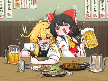 2girls :3 @_@ alcohol ascot beer beer_mug black_eyes black_hair black_skirt black_vest blonde_hair blush bow braid chicken_(food) commentary_request cup detached_sleeves drunk food food_on_face french_fries fried_chicken frilled_bow frilled_hair_tubes frills hair_bow hair_tubes hakurei_reimu heart heart_in_mouth highres holding holding_cup holding_skewer ketchup kirisame_marisa kumanou22 long_hair looking_at_viewer mug multiple_girls no_headwear open_mouth puffy_short_sleeves puffy_sleeves red_bow red_skirt ribbon-trimmed_sleeves ribbon_trim short_sleeves side_braid single_braid skewer skirt skirt_set touhou translation_request vest white_bow yellow_ascot
