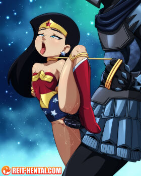 1boy 1girl aged_down ahegao arms_behind_back artist_logo asphyxiation bare_shoulders bdsm black_hair blue_eyes bondage boots bound bound_arms bound_legs circlet clitoris clothing_aside collarbone dc_comics earrings hetero high_heels highres jewelry lasso lasso_of_truth leg_up leotard leotard_aside logo loli long_hair open_mouth pussy pussy_juice red_footwear reit sex solo_focus standing standing_on_one_leg standing_sex star_(symbol) star_earrings strapless strapless_leotard teeth thighs tongue tongue_out upper_teeth_only vaginal watermark web_address wonder_woman wonder_woman_(series)