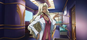 1girl artist_request bench black_bra blonde_hair blue_eyes bra bra_peek breasts cleavage coat code_geass code_geass:_lost_stories collarbone collared_shirt dark-skinned_female dark_skin door facial_mark female_focus forehead forehead_mark game_cg half-closed_eyes hand_up highres holding holding_smoking_pipe hookah indoors lipstick long_hair long_sleeves looking_at_viewer makeup medium_breasts navel non-web_source official_art open_clothes open_coat open_shirt parted_lips rakshata_chawla red_lips red_shirt shirt sidelocks smoking_pipe solo stairs standing stomach teeth television underwear upper_body v-shaped_eyebrows white_coat