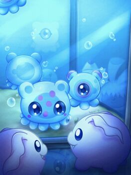 Rule 34 | air bubble, bosamon, bubble, digimon, digimon (creature), fang, group picture, highres, keramon, looking at viewer, no humans, one-eyed, puyomon, puyoyomon, sayuri d (liliana86973943), tokomon, underwater