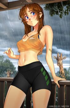 1girl :< animal arm_support bandaid bandaid_on_arm bike_shorts black_bra black_shorts blue_eyes blush bra bra_visible_through_clothes breasts brooke_(mleth) brown_hair closed_mouth commentary cowboy_shot crop_top english_commentary freckles furrowed_brow giraffe gluteal_fold highres long_hair looking_at_viewer medium_breasts midriff mleth navel original outdoors overcast rain see-through_clothes shorts sky sleeveless solo standing tank_top thighs tree underwear water_drop watermark web_address wet wet_clothes wet_hair zoo