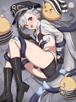 1girl absurdres azur_lane black_bra black_gloves black_hair black_hat black_panties black_shoes blush boots bra breasts commentary_request gloves gradient_hair grey_hair hat highres knee_boots low_ponytail lying manjuu_(azur_lane) milliani minsk_(azur_lane) minsk_(thunderous_jailor)_(azur_lane) multicolored_hair official_alternate_costume on_side open_mouth panties peaked_cap ponytail purple_eyes shoes small_breasts sweat tentacles underwear