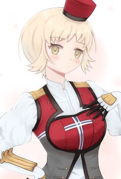 1girl absurdres blonde_hair breasts brown_eyes commentary_request gloves hand_on_own_chest hand_on_own_hip hat highres kantai_collection looking_at_viewer medium_breasts natsumoto_itsuki norge_(kancolle) red_hat short_hair simple_background solo upper_body white_background white_gloves