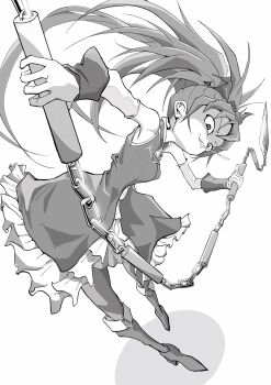 Rule 34 | 1girl, arm warmers, armpits, boots, chain, chain weapon, commentary request, food, food in mouth, foreshortening, highres, holding, holding weapon, long hair, magical girl, mahou shoujo madoka magica, mahou shoujo madoka magica (anime), monochrome, otomesenmon, perspective, pocky, pocky in mouth, ponytail, sakura kyoko, sakura kyoko (magical girl), simple background, smile, solo, solo focus, soul gem, weapon