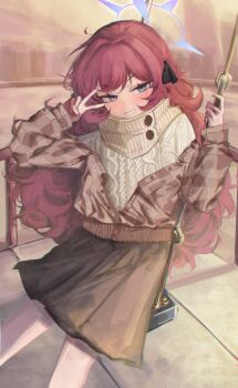 1girl absurdres ahiru_(ahahahahiru) black_ribbon black_skirt blue_archive blue_eyes blush brown_jacket fluffy_hair grin hair_between_eyes hair_ribbon highres iroha_(blue_archive) jacket long_hair looking_at_viewer on_swing plaid_clothes plaid_jacket red_hair ribbon sidelocks skirt smile sweater swing turtleneck turtleneck_sweater v white_sweater