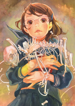1girl animal_skeleton blue_serafuku bone brown_hair cat glasses hair_ornament hairclip holding_skeleton lips midriff_peek multicolored_eyes neckerchief nose original parted_lips pleated_skirt red_neckerchief school_uniform serafuku short_hair skeleton_cat skirt swept_bangs wavy_hair yuu_(mol)
