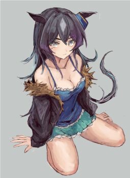 1girl animal_ears aqua_skirt bare_shoulders black_hair black_jacket blue_camisole blue_eyes blue_tank_top blush breasts camisole cleavage closed_mouth collarbone ear_covers fur-trimmed_jacket fur_trim green_skirt hair_between_eyes horse_ears horse_girl horse_tail jacket long_hair medium_breasts mole mole_under_eye open_clothes open_jacket simple_background single_ear_cover sitting skirt solo tail tank_top umamusume verxina_(umamusume) wariza yanagi_wakana