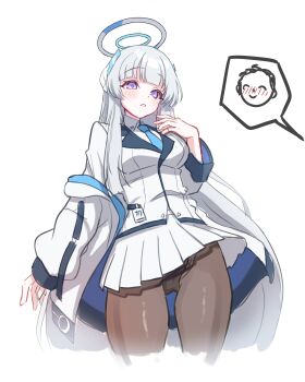 absurdres black_pantyhose blue_archive blue_necktie breasts formal_clothes grey_hair halo headgear highres jacket jacket_partially_removed large_breasts long_hair mechanical_halo millennium_science_school_logo necktie noa_(blue_archive) pantyhose purple_eyes shinonome_karen suit two-sided_fabric two-sided_jacket white_hair white_halo white_jacket white_suit