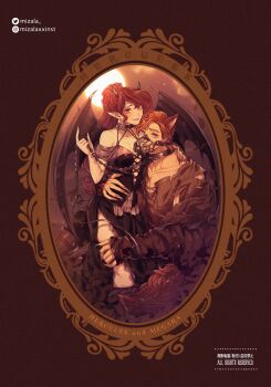 1boy 1girl alternate_costume animification bare_shoulders brown_hair character_name commentary_request copyright_name demon_girl dress eyeshadow hercules_(1997_movie) hercules_(disney) highres long_hair makeup megara_(disney) mizala muzzle_(mask) ponytail purple_eyes short_hair sleeveless smile