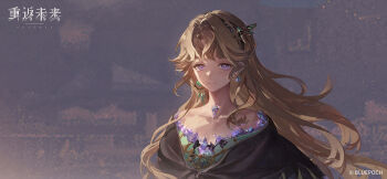 1girl beryl_bouanich black_cloak blonde_hair blue_eyes cloak closed_mouth collarbone copyright_name copyright_notice crescent crescent_earrings crystal_earrings dragonfly_hair_ornament earrings floating_earrings floating_hair grey_background highres jewelry logo long_hair looking_at_viewer mismatched_earrings official_art official_wallpaper reverse:1999 sidelighting smile solo upper_body
