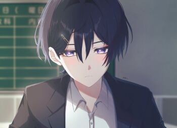 1boy alternate_costume alternate_hairstyle bishounen black_jacket black_sleeves blazer blush bright_pupils chalkboard closed_mouth collared_shirt contemporary dlgodls0731 eyelashes eyeliner eyeshadow genshin_impact hair_behind_ear hair_between_eyes hair_intakes hair_ornament hairclip highres indoors jacket lapels looking_at_viewer makeup male_focus open_clothes open_jacket portrait purple_eyes red_eyeliner red_eyeshadow scaramouche_(genshin_impact) school_uniform shirt sidelighting solo undershirt white_pupils white_shirt wispy_bangs