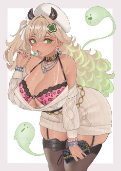 1girl absurdres animal_ears animal_print bag black_bag black_choker black_thighhighs blonde_hair bracelet breasts brown_hair candy cardigan choker cleavage dark-skinned_female dark_skin dress food green_dress green_eyes gyaru hair_between_eyes handbag hat highres holding holding_bag holding_candy holding_food holding_lollipop indie_virtual_youtuber jewelry large_breasts leopard_print lollipop long_hair long_sleeves looking_at_viewer multiple_bracelets multiple_necklaces naer0 naplings_(nimi_nightmare) necklace nimi_nightmare nurse_cap one_side_up red_nails simple_background solo tan tanline tapir_ears tapir_girl thighhighs virtual_youtuber white_background