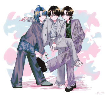 Rule 34 | 3boys, absurdres, ahoge, blush, brown hair, commentary request, floral print, formal clothes, fujisawa ryoka, full body, grey suit, hand in pocket, highres, jewelry, looking at viewer, male focus, mrs. green apple, multiple boys, ohmori motoki, real life, ring, smile, standing, standing on one leg, suit, wakai hiroto, yagino (hwtm8755)