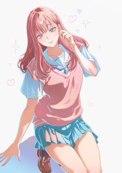 Rule 34 | 1girl, absurdres, ayatsumugi roka, blue eyes, blue neckerchief, blue skirt, brown shoes, brown sweater vest, cho kaguya-hime!, closed mouth, commentary request, hand up, heart, highres, loafers, long hair, looking at viewer, miniskirt, neckerchief, ojing oppa (o b s 00), pink hair, pleated skirt, sailor collar, school uniform, serafuku, shirt, shoes, short sleeves, skirt, smile, solo, squatting, sweater vest, white shirt