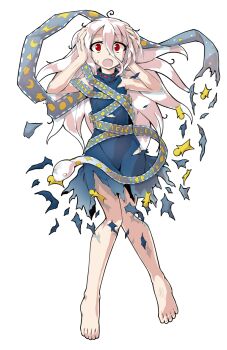 1girl alphes_(style) barefoot blue_dress commentary_request crescent dairi defeat dress eye_of_providence fossilized_wonders full_body grey_hair hair_between_eyes hands_up large_variant_set long_hair long_hair_between_eyes parody play_button ribbon_around_body sleeveless sleeveless_dress snake solo star_(symbol) style_parody tachi-e torn_clothes torn_dress touhou triangle variant_set yuiman_asama