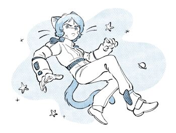 1boy animal_ears bandaid bandaid_on_cheek bandaid_on_face blue_eyes blue_hair cat_boy cat_ears cat_tail cross_scar frooter_tooter_(dig) full_body gloves gundam kamille_bidan kemonomimi_mode long_sleeves looking_at_viewer male_focus mecha_pilot_suit monochrome planet scar short_hair slit_pupils solo spacesuit star_(symbol) tail v-shaped_eyebrows zeta_gundam