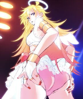 1girl ahoge angel angel_wings armlet ass bare_shoulders black_background blonde_hair blue_background blue_eyes bracelet breasts bridal_gauntlets brooch ceiling_light cowboy_shot crop_top ear_piercing earrings ebikkusu_u eyeshadow frilled_skirt frills from_behind from_below gold_armlet gold_bracelet gold_ring grabbing_own_ass gradient_hair halo heart heart_brooch highres jewelry long_eyelashes long_hair looking_at_viewer looking_back looking_down makeup midriff miniskirt multicolored_hair multiple_earrings multiple_rings open_mouth panties panty_&amp;_stocking_with_garterbelt panty_(psg) piercing pink_eyeshadow pink_hair pink_panties red_background red_nails ring skirt small_breasts solo spiked_hair spreading_own_ass traditional_halo two-tone_hair underwear very_long_hair white_skirt white_wings wings