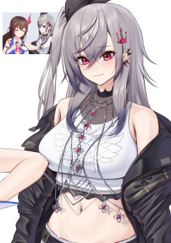 absurdres black_jacket breasts brown_hair crown_hair_ornament elbowing grey_hair hair_ribbon highres hololive hololive_dev_is isaki_riona isaki_riona_(1st_costume) jacket jacket_partially_removed laimer large_breasts long_hair midriff navel navel_piercing off_shoulder one_side_up piercing red_eyes reference_inset ribbon simple_background smile solo_focus spiked_ear_piercing tokino_sora tokino_sora_(1st_costume) virtual_youtuber white_background