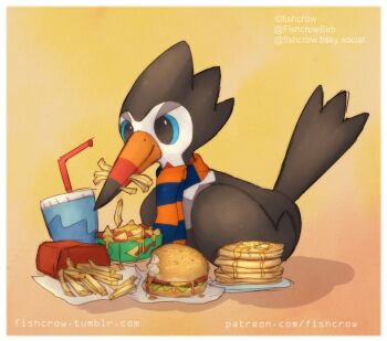 artist_name beak bird bluesky_username border burger commentary drinking_straw english_commentary fishcrow food french_fries gen_7_pokemon nintendo no_humans pancake pancake_stack patreon_username pokemon pokemon_(creature) solo trumbeak tumblr_username watermark web_address white_border