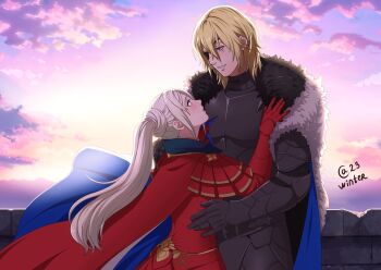 Rule 34 | 1boy, 1girl, armor, armored bodysuit, artist name, autumn-sacura, blonde hair, blue cape, blue eyes, blush, breasts, cape, cloud, cloudy sky, collared cape, commentary, commission, couple, dawn, dimitri alexandre blaiddyd, dimitri alexandre blaiddyd (timeskip), dress, edelgard von hresvelg, edelgard von hresvelg (timeskip), english commentary, eyepatch, fire emblem, fire emblem: three houses, from side, fur trim, gradient sky, hair between eyes, hand on another's chest, hetero, high collar, leaning forward, leaning on person, looking back, looking down, looking up, nintendo, official alternate costume, outdoors, parted lips, purple eyes, red cape, red dress, side ponytail, sky, small breasts, smile, sunset, teeth, twitter username, upper body