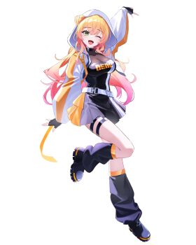 1girl ;) absurdres arm_up belt black_gloves black_leg_warmers black_shirt black_skirt blonde_hair breasts character_name clothes_writing commentary cropped_jacket double-parted_bangs double_bun full_body gloves gradient_hair green_eyes hair_bun highres hololive hood hood_up hooded_jacket jacket large_breasts leg_warmers long_hair long_sleeves looking_at_viewer miniskirt momosuzu_nene multicolored_hair one_eye_closed pleated_skirt ponytail see-through_cleavage see-through_clothes shirt side_up_bun sidelocks simple_background skirt smile socks solo star-ring thigh_strap thighhighs very_long_hair virtual_youtuber white_background white_belt white_jacket