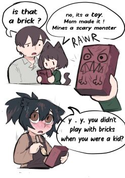 Rule 34 | 1boy, 2girls, absurdres, animal ears, apron, black hair, blush, brown apron, brown eyes, brown hair, brown shirt, cat ears, cat girl, cat tail, character request, check copyright, collared shirt, commentary, copyright request, cropped torso, embarrassed, english commentary, english text, grey shirt, hair between eyes, high ponytail, highres, holding, holding brick, holding brush, japvs, looking at viewer, medium hair, multiple girls, original, ponytail, shirt, short ponytail, smile, speech bubble, tail