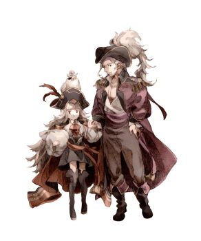 1boy 1girl blonde_hair cape dress eyepatch feathers feh_(fire_emblem_heroes) fire_emblem fire_emblem_fates fire_emblem_heroes grey_hair hat highres long_hair long_sleeves luce-in-the-sky nintendo official_alternate_costume orb pirate_costume pirate_hat puffy_sleeves short_hair simple_background veronica_(fire_emblem) veronica_(pirate)_(fire_emblem) white_background xander_(fire_emblem) xander_(pirate)_(fire_emblem)