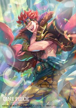 1boy bisaiiiii blue_sash bubble commentary_request copyright_name crossed_arms eustass_kid goggles goggles_on_head gun looking_at_viewer male_focus official_art one_piece one_piece_card_game open_mouth outdoors pants red_hair red_lips sash short_hair smile solo weapon