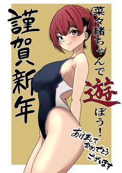 1girl absurdres arms_behind_back black_one-piece_swimsuit breasts brown_eyes brown_hair commentary_request competition_swimsuit highleg highleg_one-piece_swimsuit highres large_breasts long_hair new_year one-piece_swimsuit original ponytail sheherazaade smile solo swimsuit translation_request