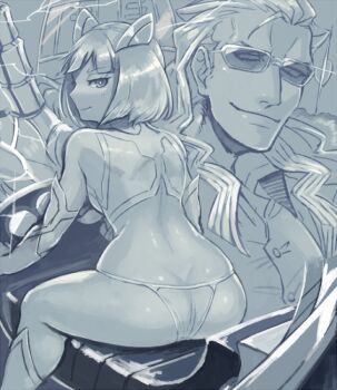 1boy 1girl animal_ears ass closed_mouth commentary_request crop_top fake_animal_ears fate/grand_order fate_(series) glint helena_blavatsky_(fate) looking_at_viewer looking_back monochrome nikola_tesla_(fate) panties saida_(ohda_ooda) sideburns sunglasses underwear