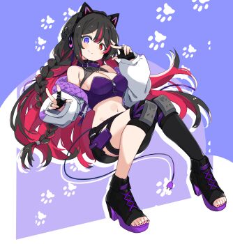 animal_ear_headphones animal_ears belt_collar black_gloves black_hair black_shoes black_shorts black_socks blush braid breasts cat_ear_headphones cat_ears character_request cleavage collar colored_inner_hair commentary_request copyright_request double-parted_bangs drop_shadow fake_animal_ears gloves hair_between_eyes hand_up headphones heterochromia high_heels highres jacket jewelry knee_pads kneehighs long_hair looking_at_viewer medium_breasts midriff multicolored_hair nail_polish navel off_shoulder open-toe_shoes open_clothes open_jacket partially_fingerless_gloves purple_background purple_collar purple_eyes red_eyes red_hair red_nails ring shoes short_shorts shorts sidelocks simple_background single_braid single_sock smile socks streaked_hair thigh_strap totomono very_long_hair virtual_youtuber white_background white_jacket