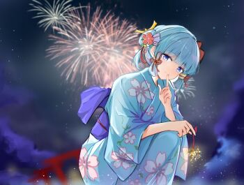 1girl aerial_fireworks alternate_costume alternate_hairstyle ayaka_(genshin_impact) blue_eyes blue_kimono blunt_bangs blurry blurry_background cherry_blossom_print fireworks floral_print genshin_impact hair_ornament hakugyokurou_no_oojou-sama holding holding_fireworks index_finger_raised japanese_clothes kimono long_sleeves looking_at_viewer mole mole_under_eye night night_sky outdoors sidelocks sky solo