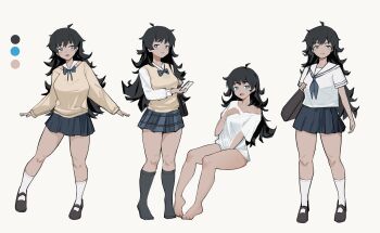 1girl absurdres ahoge bag baisebandaoti1 barefoot black_bag black_hair black_shoes blue_bow blue_eyes blue_neckerchief blue_skirt blush bottomless bow breasts closed_mouth color_guide commentary dark-skinned_female dark_skin eyelashes full_body highres holding holding_bag legendary_super_saiyan long_hair multiple_views neckerchief open_mouth original sailor_collar school_uniform serafuku shirt shoes short_sleeves simple_background single_bare_shoulder sitting skirt smile socks standing super_saiyan sweater vest white_background white_sailor_collar white_shirt white_socks yellow_sweater yellow_vest