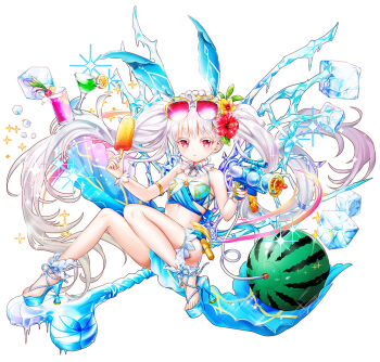 1girl animal_ear_hairband animal_ears ball beachball bikini blue_bikini blue_sandals breasts choker cup eyewear_on_head fairy_wings fake_animal_ears flower food frilled_choker frilled_hairband frills gun hair_flower hair_ornament hairband holding holding_food holding_gun holding_popsicle holding_weapon ice ice_cube kai-ri-sei_million_arthur million_arthur_(series) ozon popsicle rabbit_ear_hairband rabbit_ears red_eyes sandals small_breasts solo swimsuit tinted_eyewear twintails uasaha water_gun watermelon_beachball weapon white_hair white_hairband wings